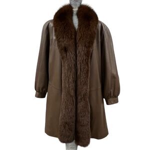 Womens Brown Lambskin Leather Swing Jacket  Brown Fox Fur Tuxedo Front Collar
